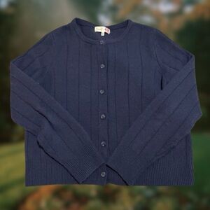 Button-Front Navy Ribbed Women's Cardigan